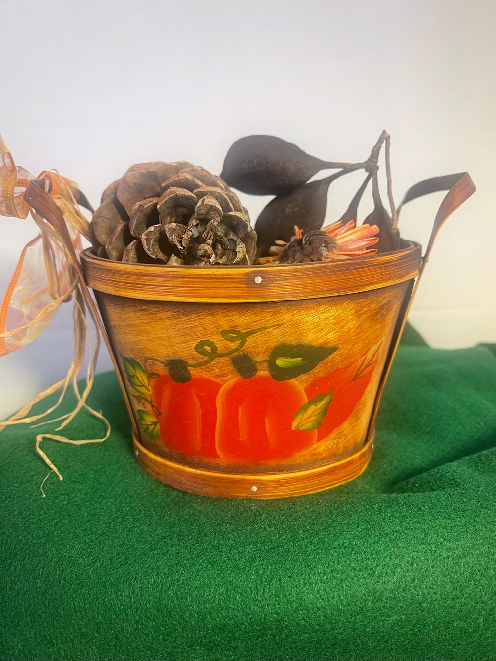 Vtg Hand Painted Fall Wooden Handle Basket Pumpkin Pattern. Filled w Fall Decor